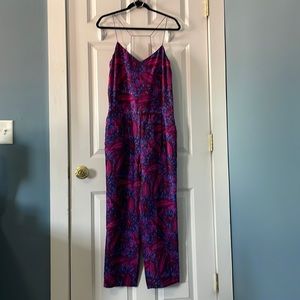 J. Crew Silk Jumpsuit, 6, Midnight Floral Purple, Pink, Blue, Strappy, Pockets!